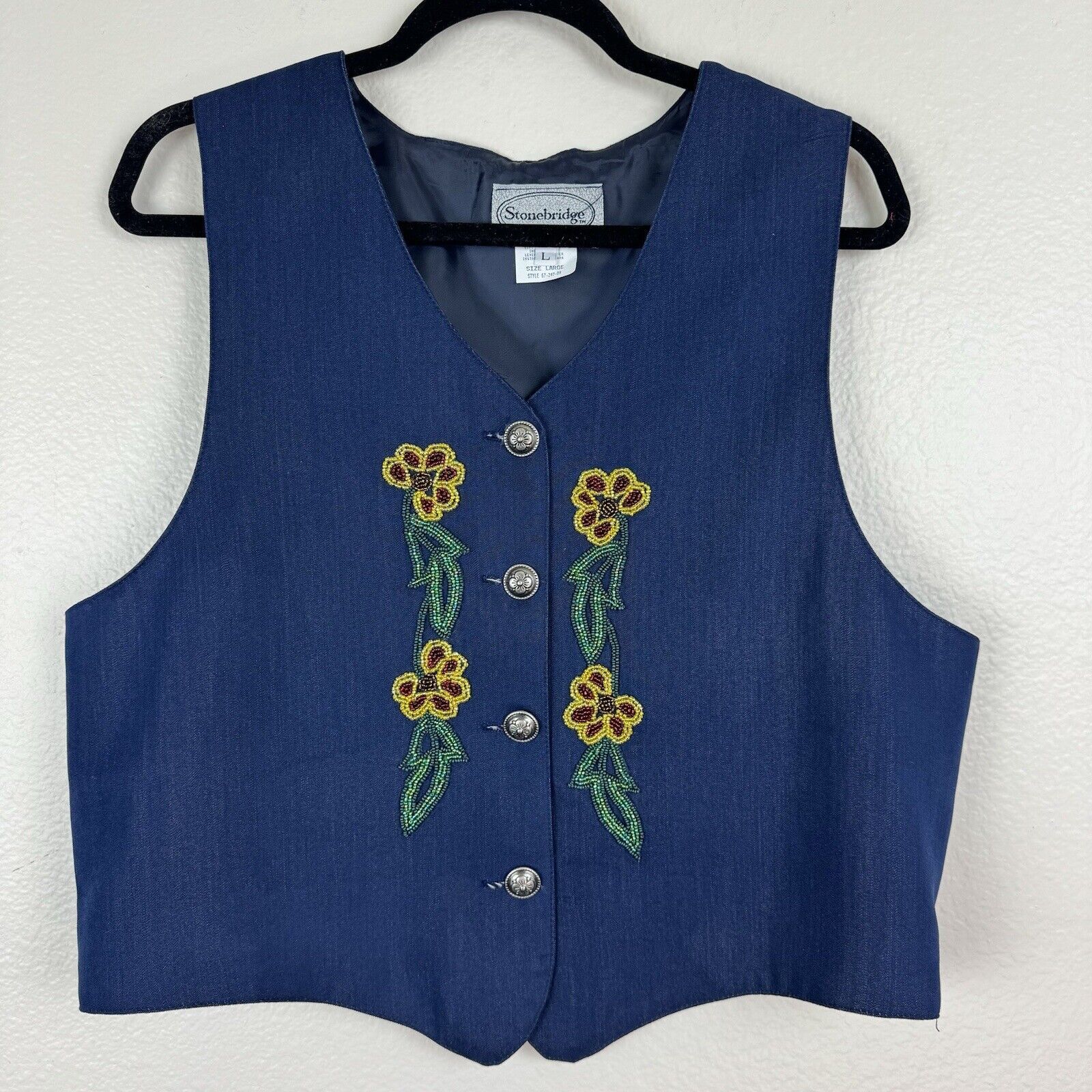 Vintage Stonebridge Floral Beaded Flowers Button Front Vest Navy Blue Large
